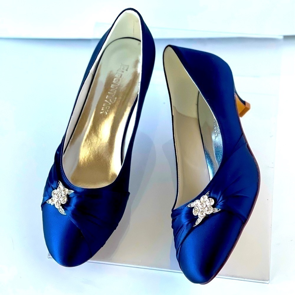 ElegantPark Navy Satin Pump Heels Wedding Bridal Crystal Formal Dress Shoes, 9